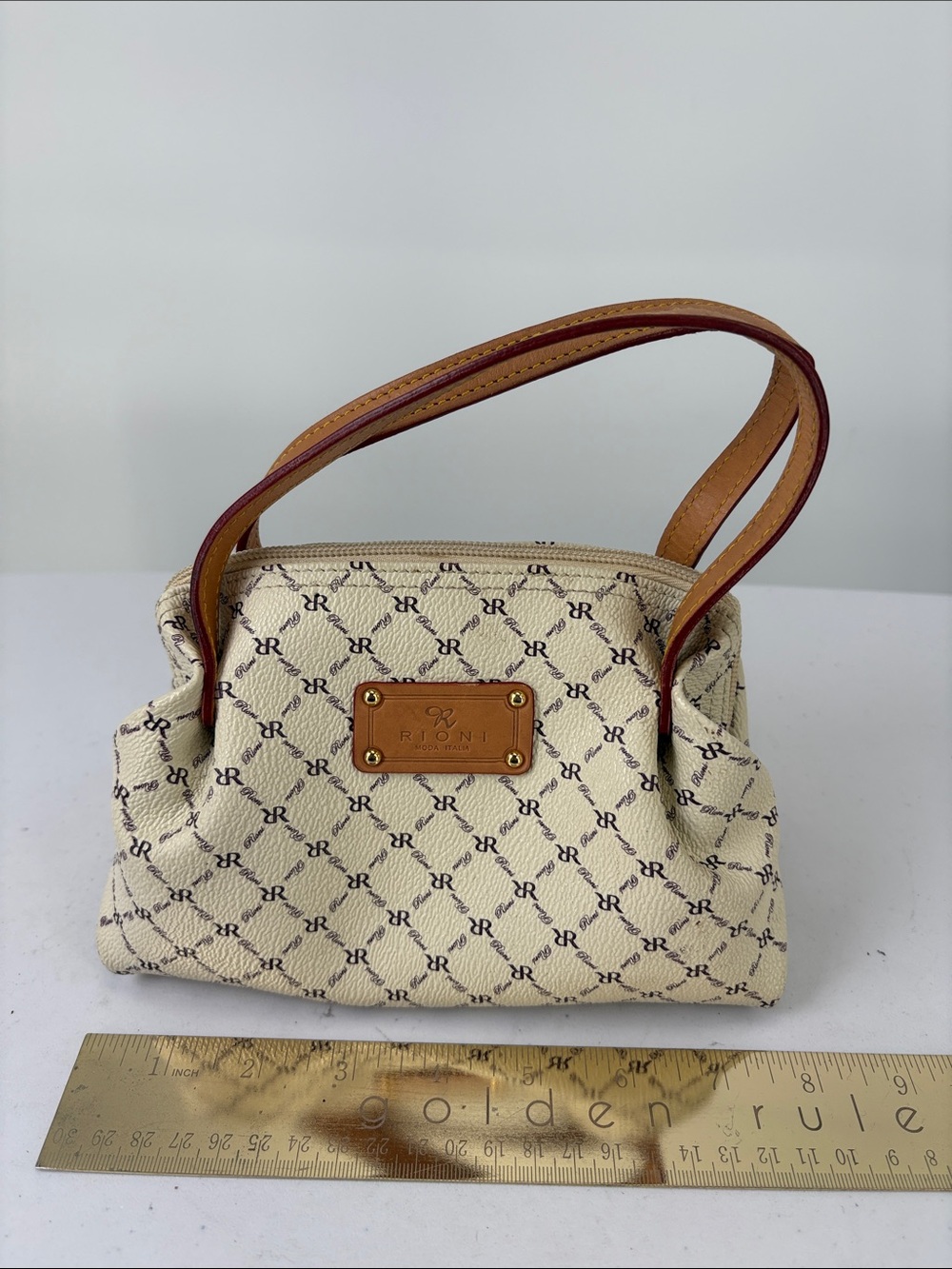 👜 Rioni Cream Canvas Mini Bag with Tan Leather Handles 8/4/5”